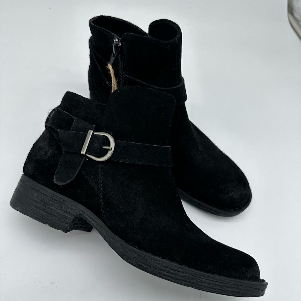 Born Lesley Black Suede Side Buckle Strap Round Toe Low Heel Bootie